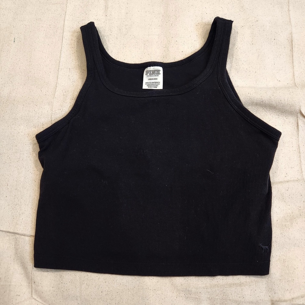 Victoria's Secret PINK Black Ribbed Crop Tank Top Built-In Shelf Bra L Large
